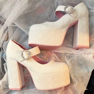 Dolls Kill White Floral Platform Heels with Rhinestone Buckle